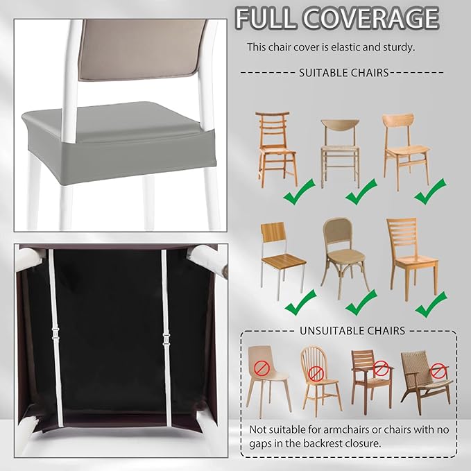 CWK Waterproof PU Leather Dining Chair Covers Set of 4-Stretchable Chair Seat Slipcovers, Removable & Washable Protector for Dining Room,Home,Office,Wedding,Rear Covers (PU-Silver)