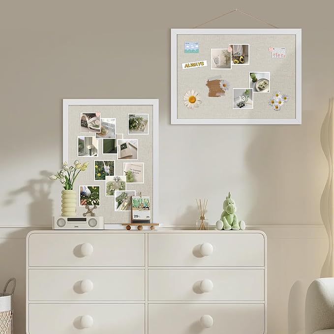 Cork Board Bulletin Board 16.7" x 11", 2-Pack Small Linen Corkboards with Frame for Walls, Cute Picture Display Pin Board Vision Board for Room School Office Bedroom 25 Pushpins Vintage White