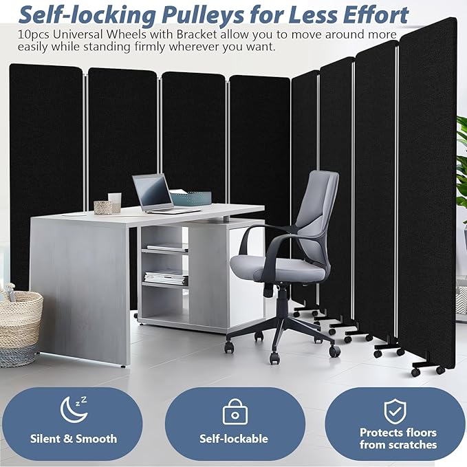 Acoustic Room Divider Privacy Panel with Wheels, 4 Panel Soundproof Room Divider (Aluminum Frame) for Room Partition, Folding Room Dividers Separation Office Cubicle Wall Sound Proof Partition Divider