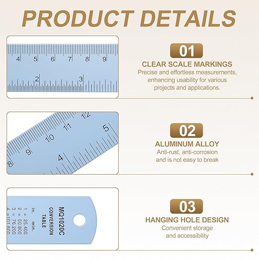 HARFINGTON 4pcs Metal Straight Ruler 20cm Metric SAE Aluminum Alloy Measuring Rulers Scale Tool with Hole for Measure Study Reading Classroom Office, Light Blue