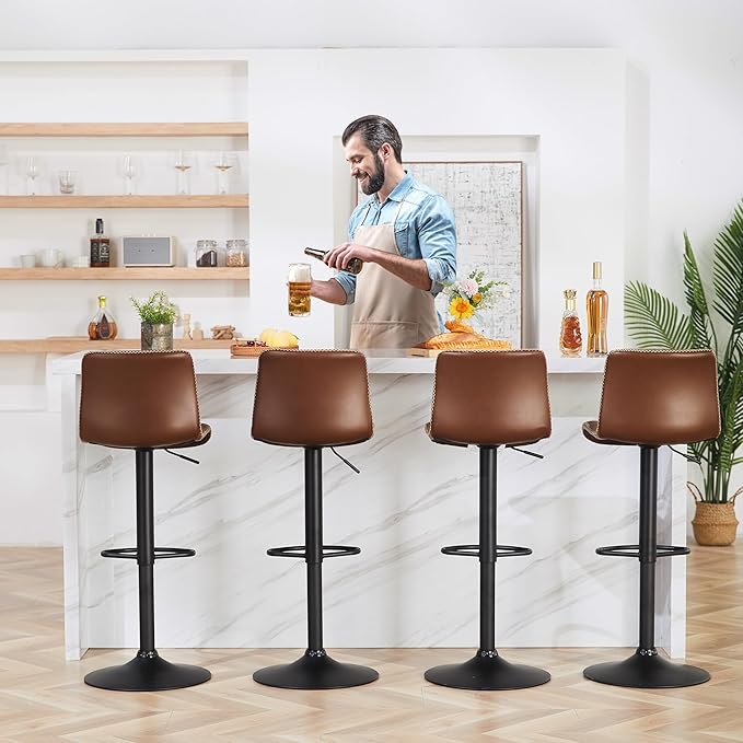 HeuGah Swivel Bar Stools Set of 2, Adjustable Counter Height Barstools with Back, Brown Faux Leather Bar Chairs for Kitchen Island (Brown, Set of 2 (24'' to 32''))