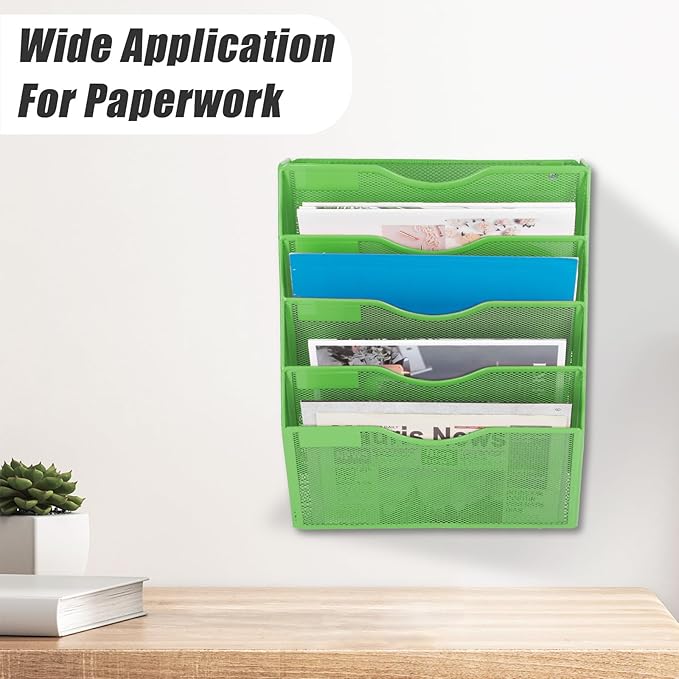 EASEPRES 5 Pocket Mesh Hanging Wall File Organizer, Wall Mounted Mail Paper Document Folder Holder, Clipboard Storage Organization Magazine Rack with Nametag Label for Office Home School, Green