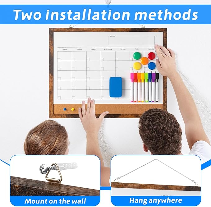 Dry Erase Calendar Whiteboard, 17" x 13" Magnetic Whiteboard Cork Board Combo, Reusable Monthly Planner with 8 Markers, Eraser, Magnets and Pushpins, Hanging Dry Erase Board for Home, School - Brown