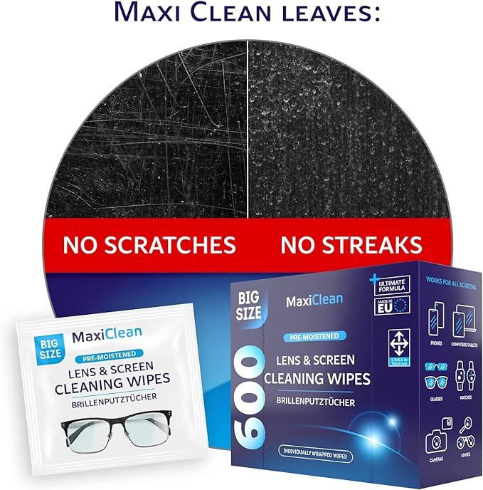 Glasses Wipes Lens Cleaner - Lens Wipes for Eyeglasses - 600 Pre-moistened Individually Wrapped Wipes for Eye Glasses, Electronics, Phone, Computer, Laptop Screen - Camera Lens Cleaner - Made in EU