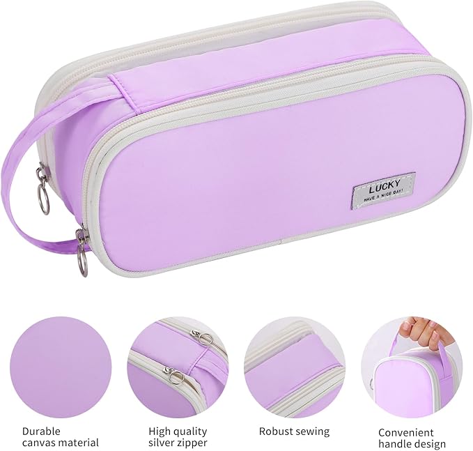 Dugio Big Pencil Case for Girls Teens Kids Zipper Pencil Pouch with Handle Organizer Pencil Bag Aesthetic Pencil Pen Case for School Purple