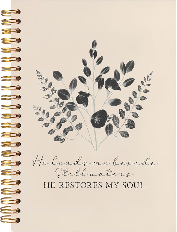 BearCake Christian Notebook Journal, Christian Gifts for Women, PSALM 23:3 He Restores My Soul Prayer Journal for Women, Bible Journaling Neutral Hardcover Spiral Notebook 5.5x8.3