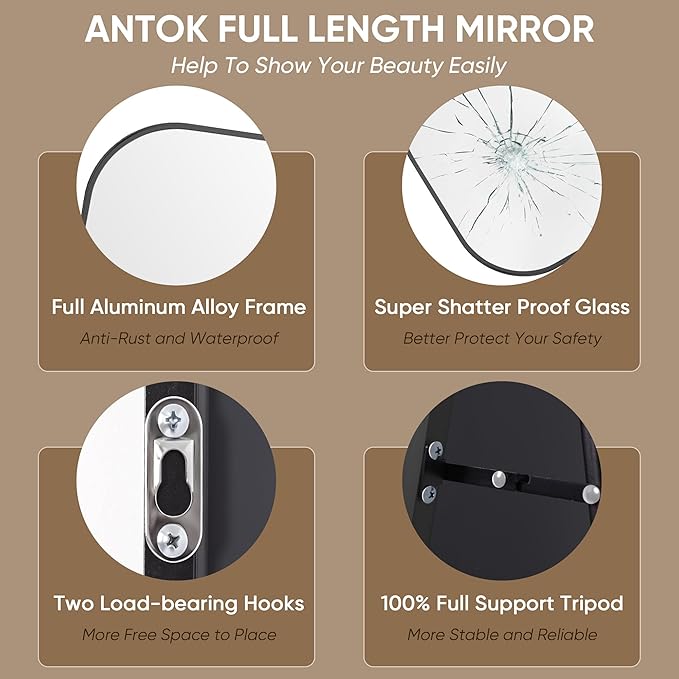 Antok Full Length Mirror, 76"x34" Floor Mirror Freestanding, Arched Floor Standing Large Mirror Full Body Mirrors with Stand for Bedroom, Hanging Mounted Mirrors for Living Room, Black