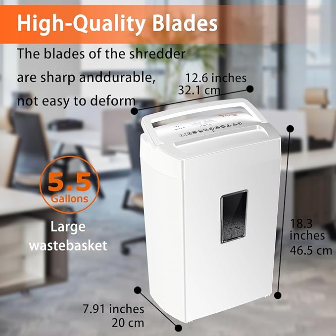 Bonsaii Heavy-Duty Cross-Cut Shredder, Handles up to 12 Sheets at Once, Providing P-4 high Security, Credit Cards, Mail & taples, 5.5-Gallon bin with a Transparent Window, Use in Home Offices, White