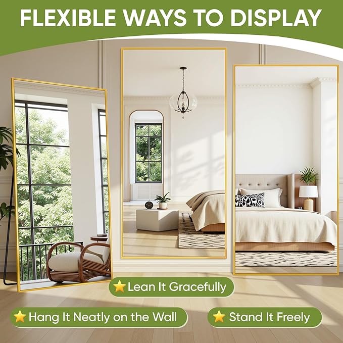 Full-Length Floor Mirror with Stand, 59"x16" Rectangle Style Full Body Standing Mirror for Bedroom, Living Room, Gym, Dorm - Shatter-Resistant & Easy Assembly, Gold