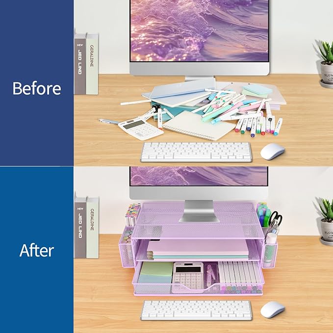 AUPSEN Computer Monitor Stands Riser，2-Tier Desk Organizers and Accessories, Office Desk Accessories Organizer with Drawers and 2 Pen Holder for Office Supplies (Purple)