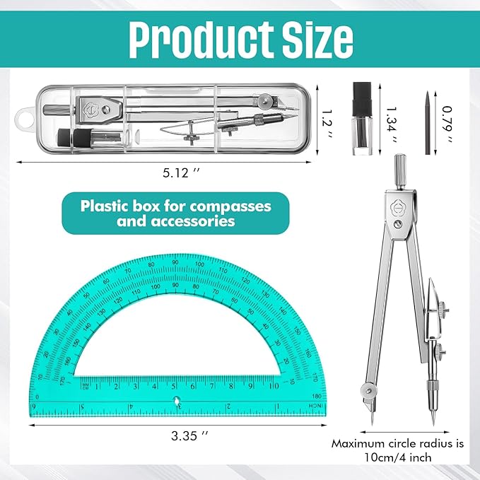 EBOOT Student Geometry Math Set, Drawing Compass and 6 Inch Swing Arm Protractor 180 Degree Math Protractor(Turquoise)