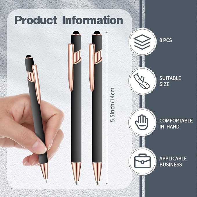 8 Pieces Ballpoint Pen with Stylus Tip Black Ink 2 in 1 Stylus Metal 1.0 mm Medium Point Smooth Pen Rainbow Colorful Rubberized Ballpoint for Touch Screen Tablet(Gray)