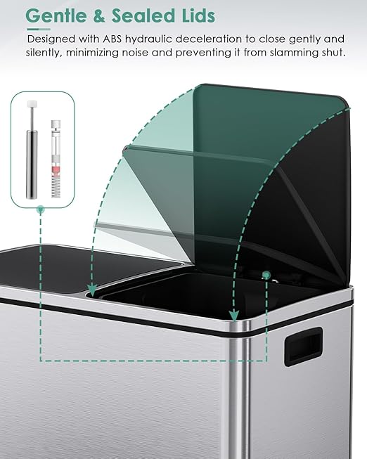 AthLike 60L(16 Gal) Dual Trash Can, Stainless Steel Kitchen Garbage Can, Double Compartment Classified Rubbish Bin, Recycle Dustbin w/Plastic Inner Buckets, Soft-Close Lid, Airtight, Silver