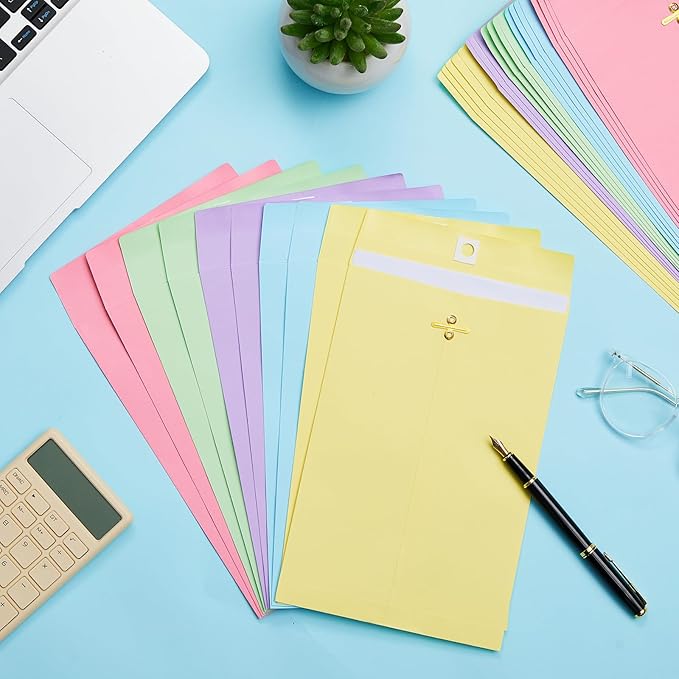 Geyee 100 Pcs Clasp Manilla Envelopes 6 x 9 Inch Gummed Colored Envelopes for Storing or Mailing for Home Office Business Supplies(Colorful)