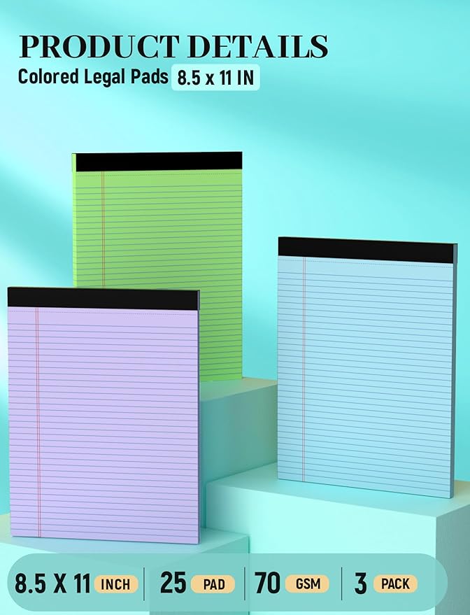 Colored Legal Pads, 3 Pack Writing Pads 8.5 x 11, Note Pads 8.5 x 11 College Ruled, Easy Tear-Off, Note Pads Lined Paper Pads 8-1/2 x 11 Notebook Paper for Office Supplies, 25 Sheets/Pad