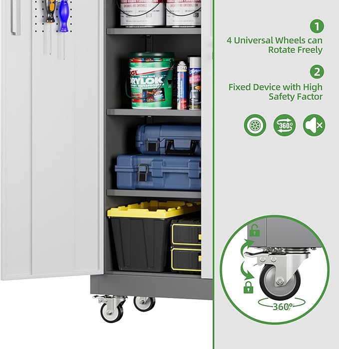 Aobabo Upgraded Garage Storage Cabinets with Wheels,Metal Storage Cabinets with 5 Adjustable Shelves for Garage Home Office Storage, Grey&White,71''H*32''W*16''D,Assembly Required