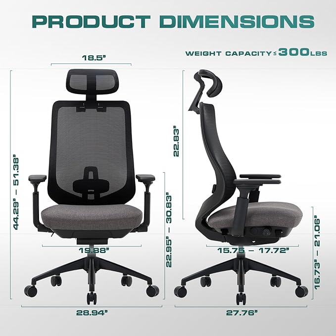 COLAMY Ergonomic Office Chair, High Back Office Executive Desk Chair, Mesh Office Chair Lumbar Support with Adjustable Headrest and 4D Arms, Slide Seat, Tilt Lock-Darkgrey