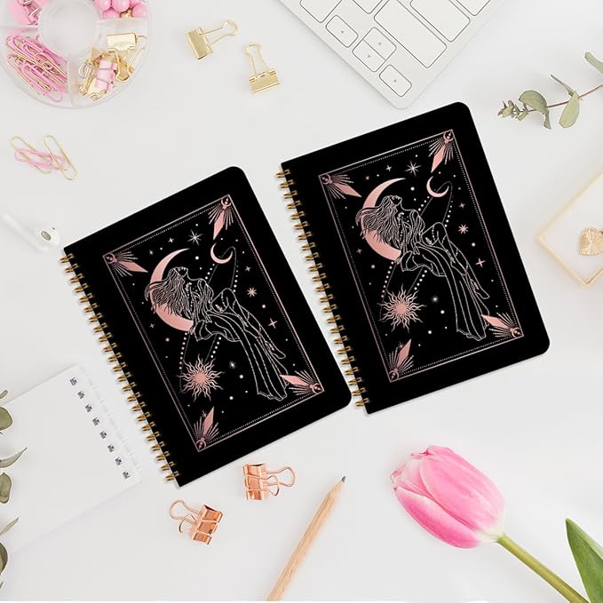 2 Pcs Zodiac Spiral Notebooks for Work, A5(8.3x5.8inch) Composition Notebook College Ruled Note Book, Moon Stars Hardcover Notepads Diary Lined Travel Journal for Writing, Astrology Gifts for Women