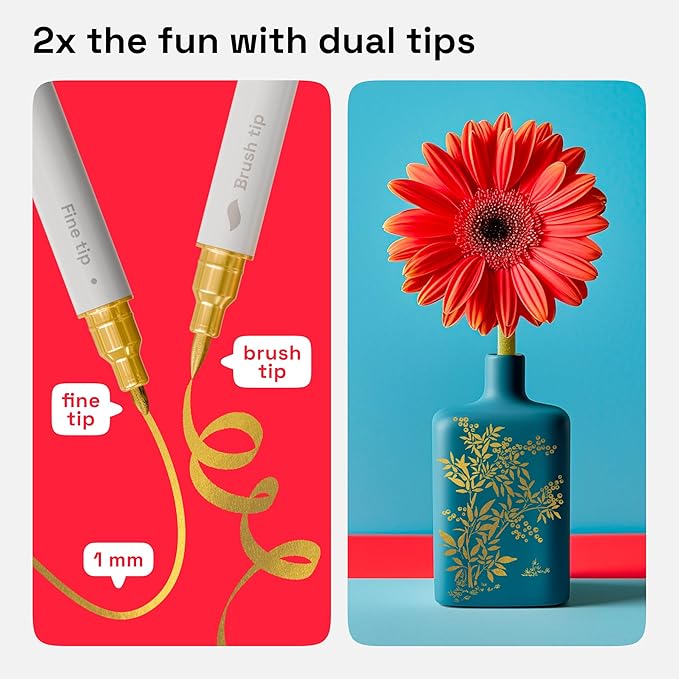 ARTISTRO 2 Gold Dual-Tip Acrylic Paint Pens - Multisurface Markers for Fabric, Plastic, & More, 1 mm Fine & Brush Tips
