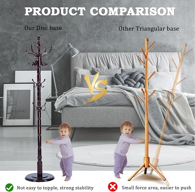 Coat Racks FreeStanding with 14 Hooks, Natural Wood Coat Rack with Solid Round Base, Adjustable Height Coat Racks, Easy Assembly for Hallway, Bedroom and Office (Solid Wood Fenghuang Gou)