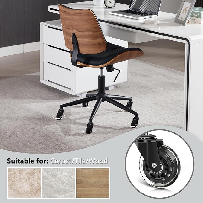 Home Office Desk Chair with Wheels, Adjustable Height Armless Office Chair, PU Leather Mid Back 360° Small Computer Chair, Modern Walnut Chair No Arms for Office, Reading Meeting Room(Black)