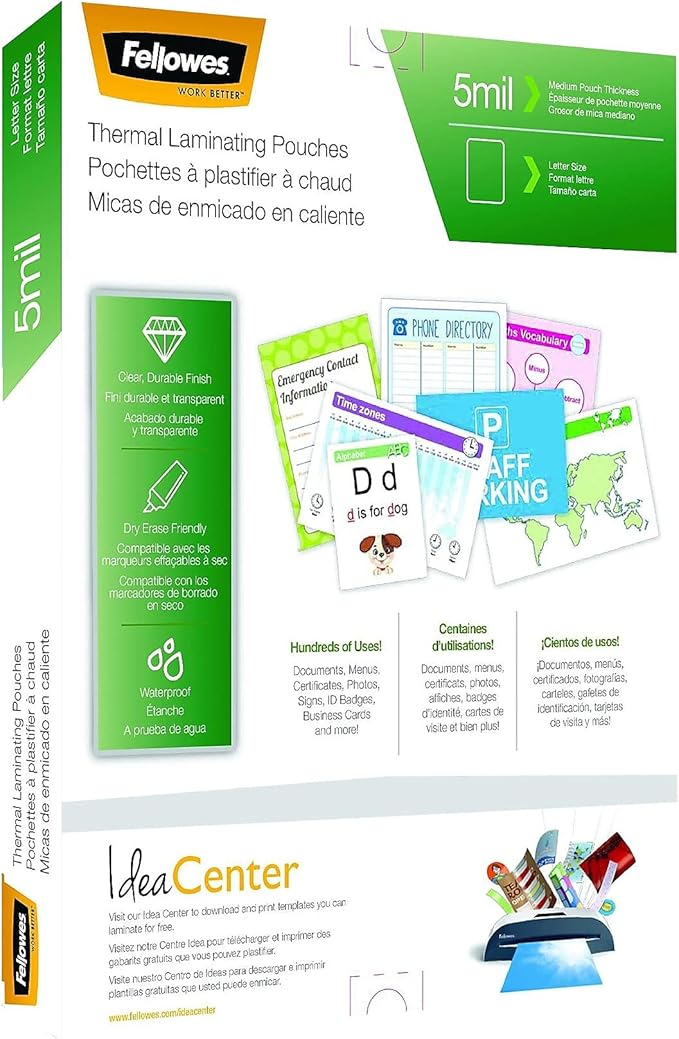 Fellowes Thermal Laminating Pouches, Letter Size Sheets, 5mil 200pk, Clear (5743601)