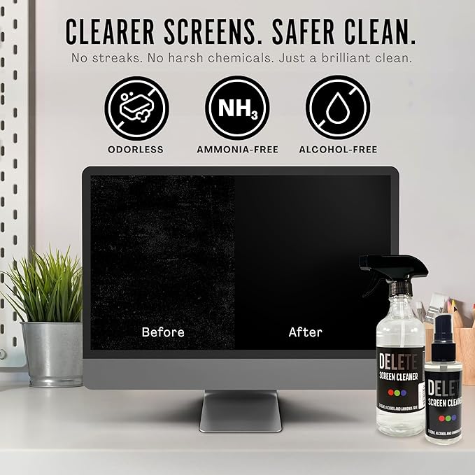 Delete Screen Cleaner Spray Kit, 2 Pack, 16oz and 2oz Bottle and 12"x12" Microfiber Cleaning Cloth, Streak-Free, Safe and Gentle Formula, Multi-Purpose for TVs, Computers, Monitors, Smart Phones