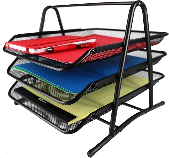 Huron Desktop Horizontal File Binder Organizer Storage Letter Tray, 3 Slot, Black Steel Mesh
