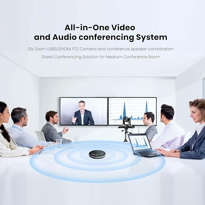 10x Zoom Conference Room Video Camera System, All-in-One HD 1080P 60fps 10X Optical Zoom USB3.0 HDMI PTZ Camera and Bluetooth Conference Speaker with Microphones Bundle for Medium Room