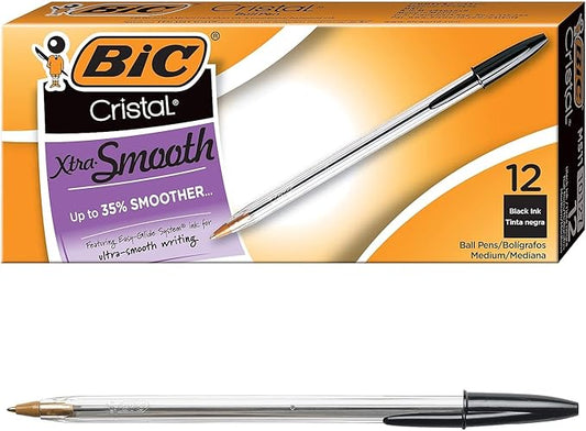 BIC Cristal Xtra Smooth Black Ballpoint Pens, Medium Point (1.0mm), 12-Count Pack, Extra Smooth and Reliable Ballpoint Pens