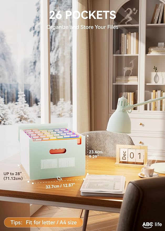 ABC life 26 Pockets Accordian File Organizer Expanding File Folders, Portable Letter A4 Size Filing Box,Plastic Monthly Receipt Document Organizer with Colored Tabs (Sage Green)