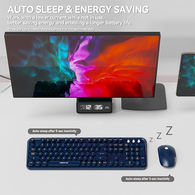 FOPETT Wireless Keyboard and Mouse Combo, 104 Keys Full-Sized 2.4 GHz Round Keycap Colorful Keyboards, USB Receiver Plug and Play, for Windows, Mac, PC, Laptop, Desktop (DarkBlue)