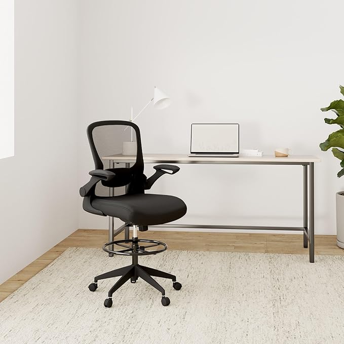 BestOffice Drafting Chair Tall Office Chair with Adjustable Foot Ring and Flip-Up Arms Computer Standing Desk Chair Executive Rolling Swivel Chair for Office & Home