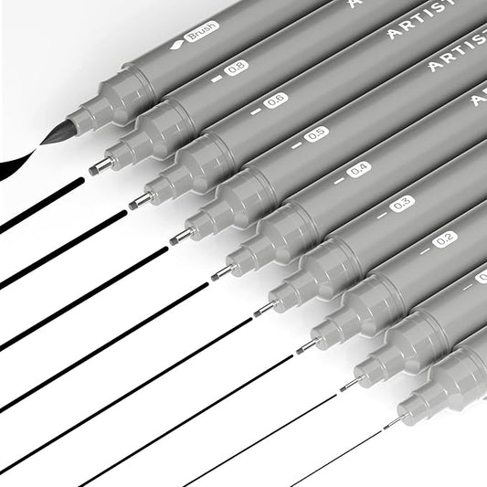 ARTISTRO Set of 9 Fineliner Pens - Black Micro Pens with Ultra Fine Tips for Drawing, Sketching, Writing, Journaling and Technical Illustration - Waterproof Archival Ink