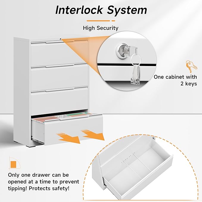 Bestoo 4 Drawer Lateral File Cabinet, Metal Lateral Filing Cabinet with Lock for Hanging Files Letter/Legal/F4/A4 Size, Easy Assemble White