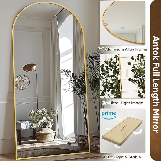 Antok Full Length Mirror, 71"x32" Arched Floor Mirror, Mirror Full Length with Stand, Wall Mounted Mirrors for Living Room Bedroom,Gold