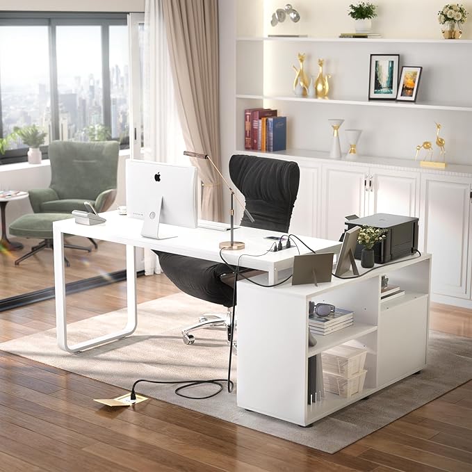 Homieasy L Shaped Desk with File Cabinet & Power Outlet, Reversible 55 Inch Large Corner Computer Desks with LED Strip, L-Shaped Desk with Drawers and Storage Shelves for Home Office, White