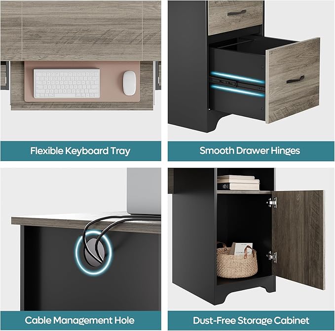 Bestier 59” Executive Desk with 2 Drawers, Computer Desk with Storage Cabinet, Industrial Wood Desk with File Drawer, Keyboard Tray & 2 Pedestals for Home Office & Studio, Gray