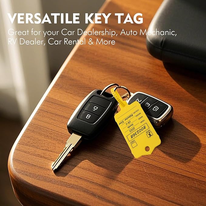 50 Car Key Tags with Labels Plastic Car Dealership Key Tags Self Locking Automotive Identifiers Blank Shop Labels with One Pen (Yellow)