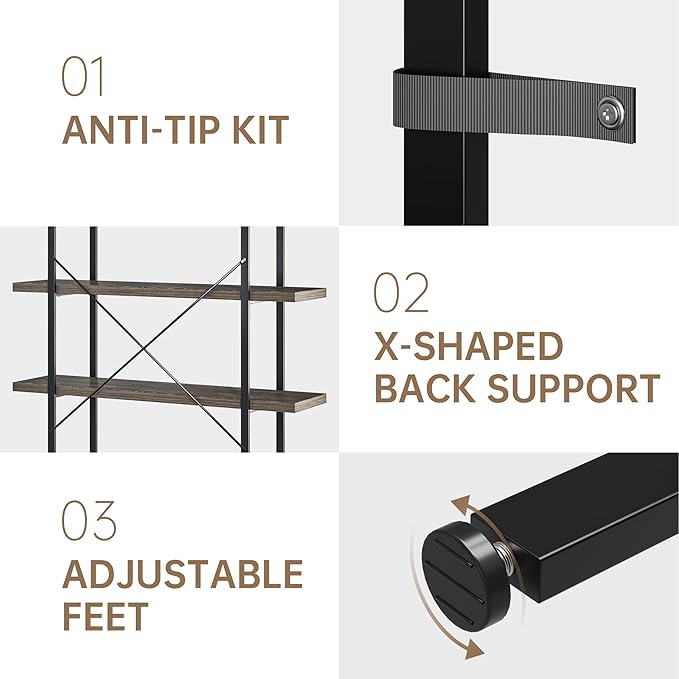 Heavy Duty 5-Tier Industrial Bookcase, 47" Wide Wood Bookshelf for Home Office, 120lbs Shelf Capacity, Rustic Shelving Display with Reinforced Horizontal Shelf for Living Room Bedroom,Grey