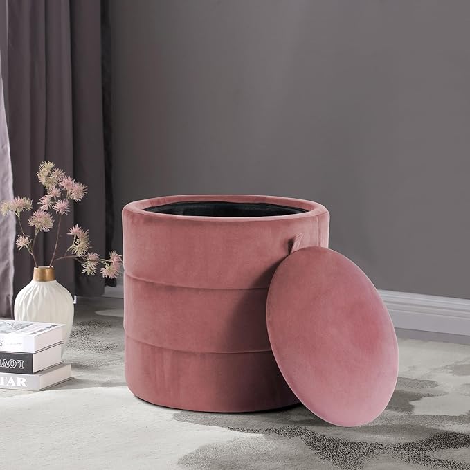 HomePop Storage Round Ottomanwith Removable Lid Home Décor|Upholstered Round Velvet Foot Rest Ottoman - Blush Pink Velvet