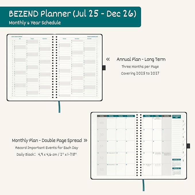 BEZEND Weekly Planner 2025-2026 with 2 Columns, 8.5" x 11" Academic Calendar 18 Months (Jul 25-Dec 26) Life Work Appointment Book with Monthly Tab, PU Leather Softcover Spiral - Mustard