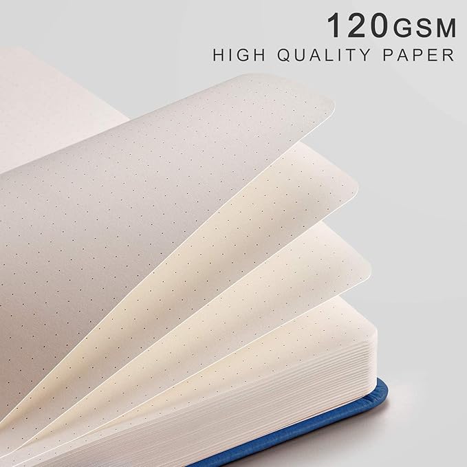 EMSHOI A5 Dotted Journal - 256 Pages with 120gsm Thick Dot Grid Paper, Hardcover Leather Dotted Notebook, 16 Perforated Pages, Pen Loop & Inner Pocket, for Bullet Journaling, 5.75” x 8.38”, Blue