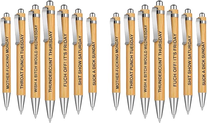 14-Piece Funny Bamboo Pen Set for Sarcastic Souls, Unique Days of The Week Mood Ballpoint Pens with Engraved Humorous Quotes, Excellent Gift for Office, Friends, and Coworkers
