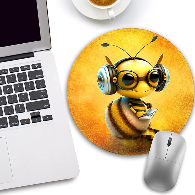 Bee Small Mouse Pad, Cute Round Mouse Pads for Desk, Travel Mini Mousepad with Non-Slip Rubber Base, Portable Mousepads for Wireless Computer Mouse Laptop, Office Desk Accessories, 8.6 * 8.6 Inch