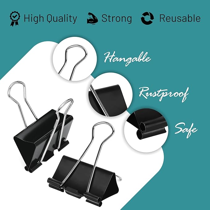 Binder Clips - 48 Medium Binder Clips, 1.25 Inch Black Paper Clamps, File Clip for Home, Office and School Supplies