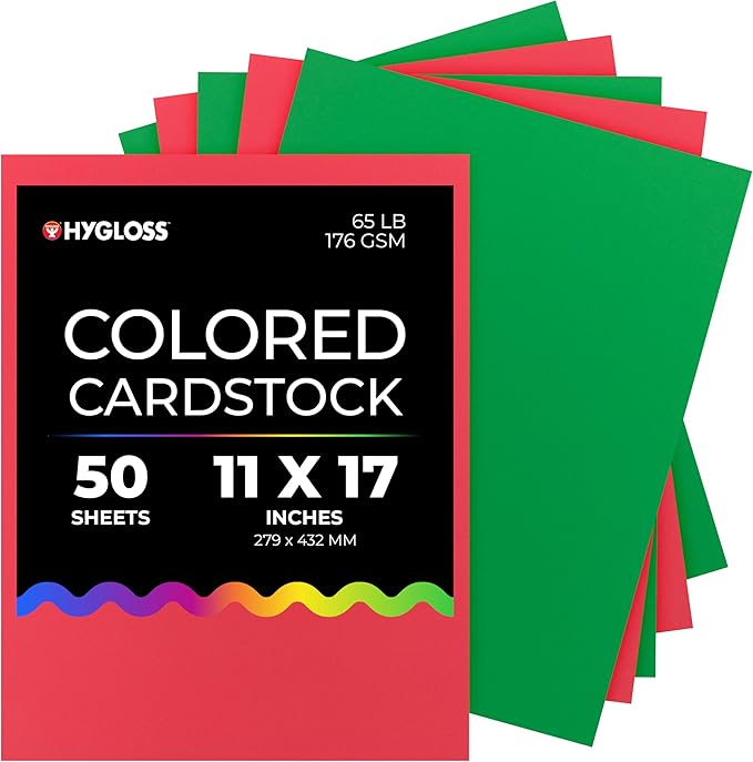 Hygloss 50 Sheets Holiday Christmas Colored Cardstock - 11x17-Inch Red and Green Letter Size Color Cardstock Paper - 65 lb/ 176 gsm, Acid-Free, Fade-Resistant