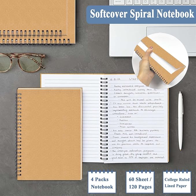 GINMLYDA 4Pack Small Spiral Notebook A5, 8.25x5.5” 120 Lined Pages Wide Ruled Spiral Journal Bulk Blank Kraft Cover Spiral Bound Notebook & Writing Pads for Home Office Meeting Work Note Taking