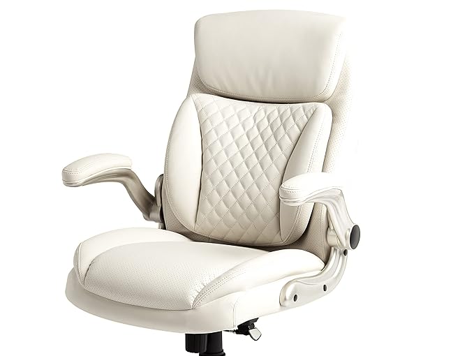 Amazon Basics Ergonomic Executive Office Desk Chair with Lumbar Support, Flip-up Armrests, Adjustable Height, Cream Leather