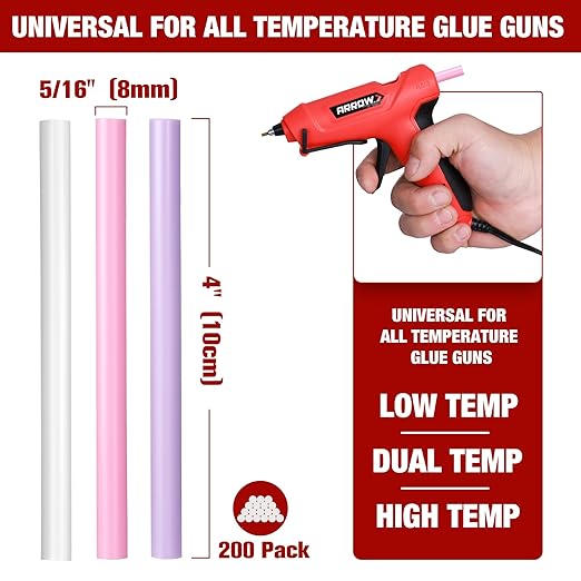 Arrow Mini Hot Glue Sticks, 200 Pack Multi Colored Glue Gun Sticks, Hot Melt High Viscosity All-Purpose Gun Stick in 15 Colors for DIY Art Craft